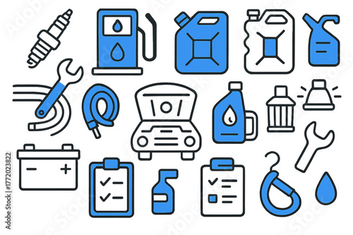 Maintenance Doodle Icons. // Maintenance & fuel. Hand-drawn doodle illustration Maintenance & fuel [fuel pump (accented), jerry can (accented), spark plug,