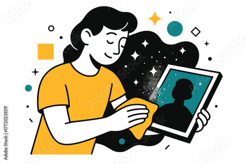 Cleaning Dusty Memories. Dusty Photograph. Person gently cleaning a dusty photograph with floating abstract geometric particles and soft highlights, reflective