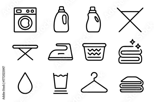 Laundry Care Icons. Laundry care. Line icon set of laundry care: washing machine, detergent bottle, fabric softener, drying rack, ironing board, iron, laundry