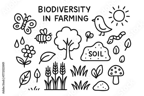 Farming Biodiversity Doodles. Biodiversity in farming. Hand-drawn doodle illustration Biodiversity in farming butterfly, bee, flower, bird, tree, worm, soil,