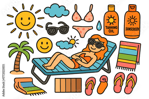 Beach Tanning Doodles. Tanning. Colorful Hand-drawn doodle Children illustration Tanning sunbed, sunglasses, beach, lotion, tanning oil bottle, bikini, sun,