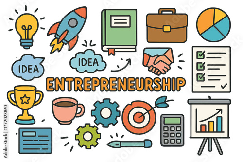 Entrepreneurship Doodle Icons. Entrepreneurship. Colorful Hand-drawn doodle Children illustration Entrepreneurship light bulb, rocket, briefcase, notebook,