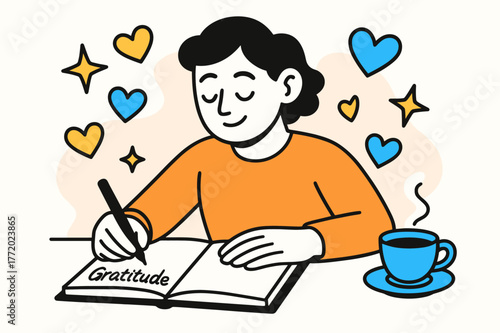 Gratitude Journal Moment. A person practicing gratitude, writing in a journal, surrounded by floating hearts, stars, and a warm cup of coffee, with a cozy