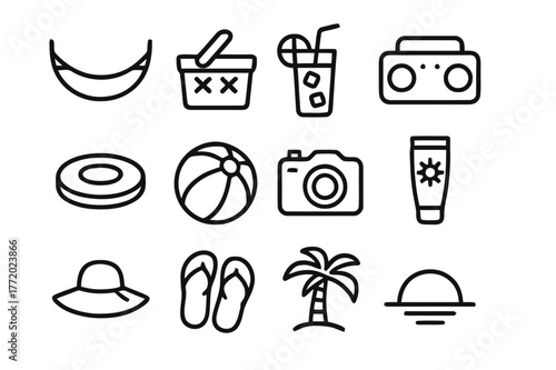 Summer Icon Collection. Summer Leisure. Line icon set of Summer Leisure: hammock, picnic basket, iced tea glass, portable speaker, frisbee, beach ball, camera,