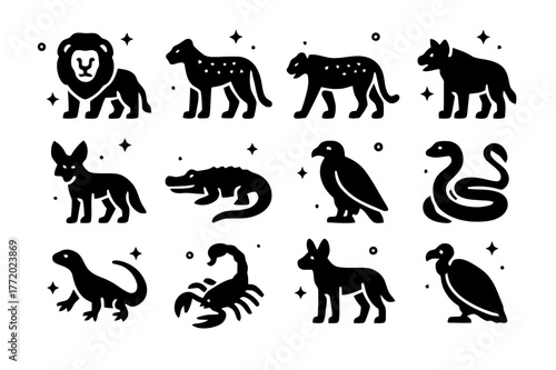 Savanna Predator Icons. Predators of the Savanna. Solid icons set of Predators of the Savanna: lion, cheetah, leopard, hyena, jackal, crocodile, eagle, snake,