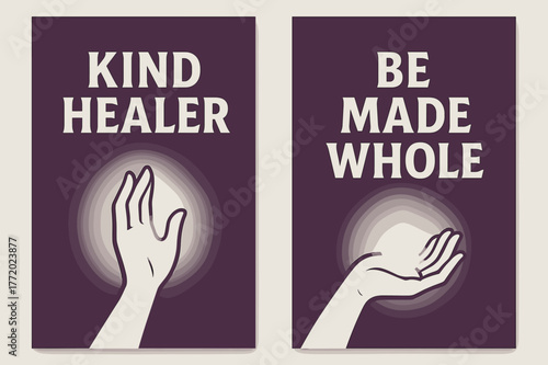 Healing Touch Banners. Healing Touch. Two vertical A6 banners with safe margins, centered composition, no elements touching edges, bold, plum and silver,