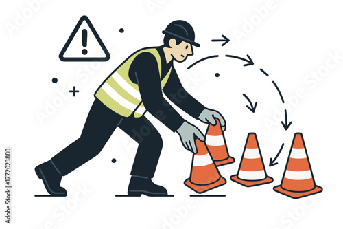 Dynamic Safety Setup. Safety zone setup. Worker placing cones in a line, reflective vests glowing; motion arrows show safe perimeter forming. Order, caution,