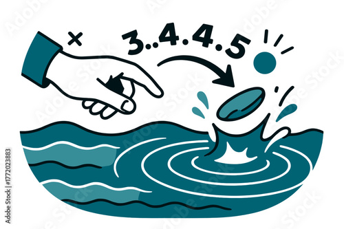 Skipping Stones. Pebble ? Ocean Toss. A hand skips a stone across calm waves; concentric splash circles expand in rhythm. Text ?......? arcs with the skips.