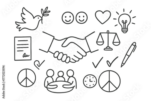 Symbols of Peace. Peaceful agreement. Hand-drawn doodle illustration peaceful agreement handshake, dove, olive branch, signed document, smiling faces, scales,