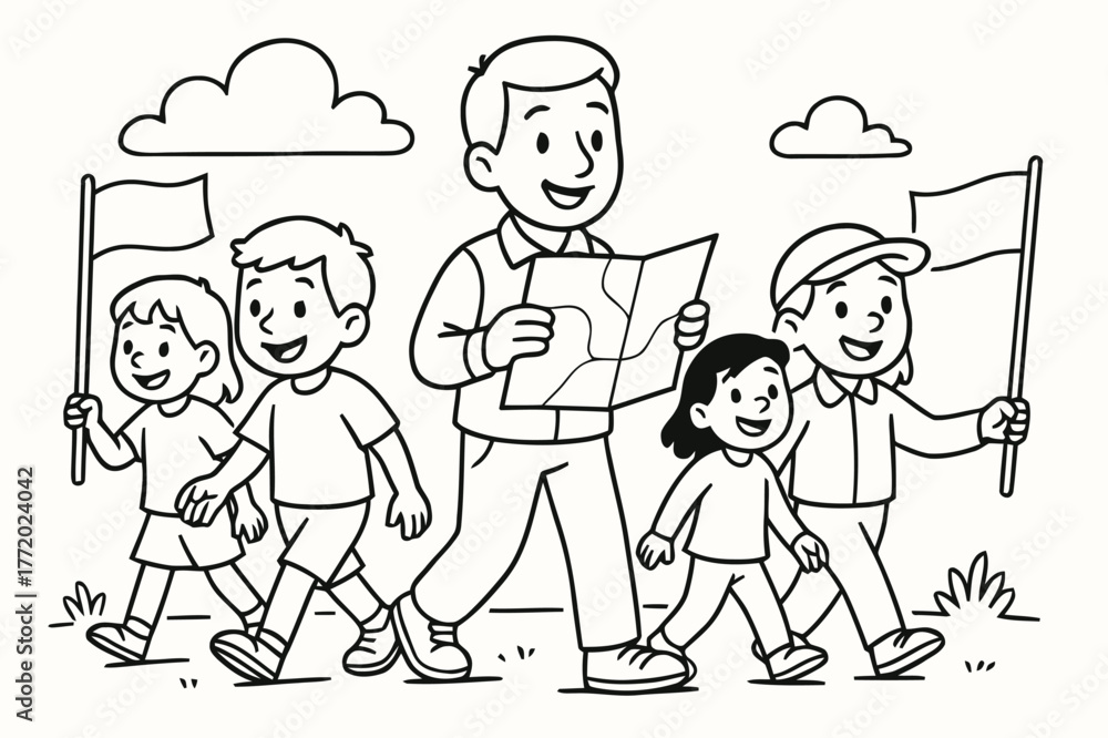 Naklejka premium Children's Procession Coloring. Community procession children?s coloring book illustration, outlined drawing, a group of smiling travelers walking together