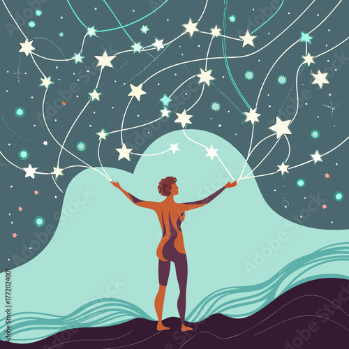 Woman reaching for stars in night sky with abstract waves background  