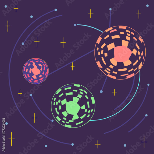 Abstract digital planets with colorful patterns in outer space  