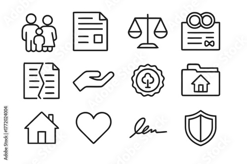 Family Law Icon Set. Family and Personal Law. Line icon set of Family and Personal Law: family silhouette, legal document, custody scale, marriage certificate,