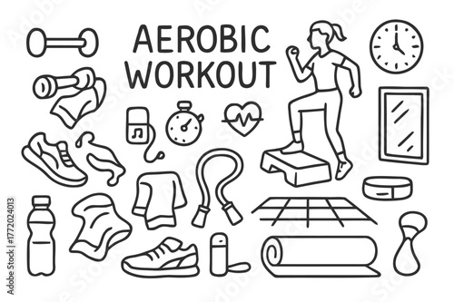 Aerobic Workout Essentials. Aerobic Workout. Hand-drawn doodle illustration Aerobic Workout step platform, person exercising, dumbbells, sneakers, towel, water
