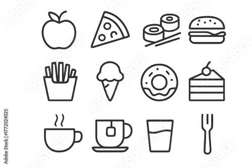 Minimalist Food Icons. Food. Line icon set of Food: apple, pizza, sushi, burger, fries, ice cream, donut, cake, coffee, tea, water, fork. All outline icons in