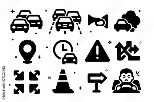 Traffic Jam Icons. Traffic congestion. Solid icons set of traffic congestion: traffic jam cars, bumper-to-bumper lane, honking horn, exhaust cloud, congestion