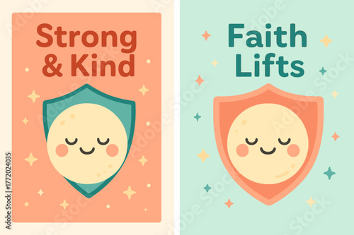 Strong & Kind Banner. Gentle Might. Two vertical A6 banners with safe margins, centered composition, no elements touching edges, kawaii, coral and teal,