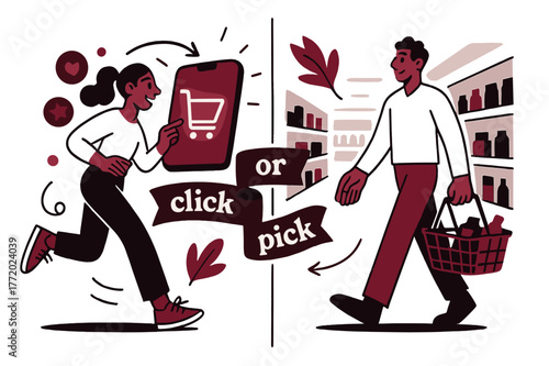 Virtual vs Physical Shopping. Shopping Habits ? Online Cart vs Aisle. Split scene: left shows a glowing cart icon; right shows a calm aisle with a basket.