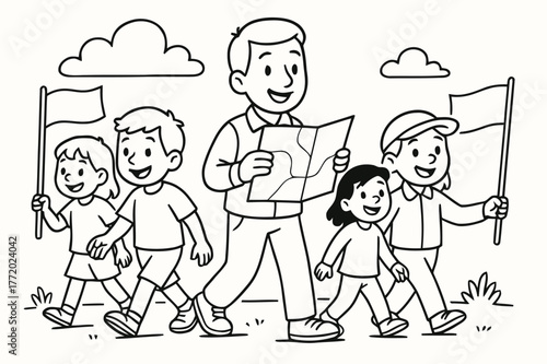 Children's Procession Coloring. Community procession children?s coloring book illustration, outlined drawing, a group of smiling travelers walking together