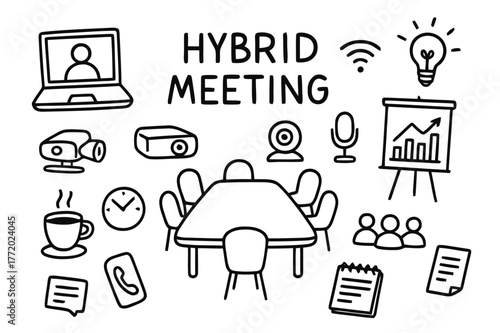 Hybrid Meeting Doodle. Hybrid meeting. Hand-drawn doodle illustration hybrid meeting laptop, conference table, projector, webcam, microphone, chart, group