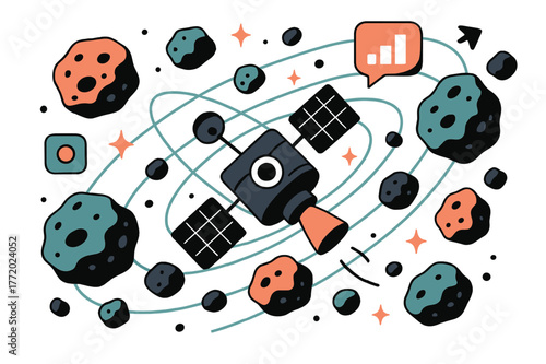 Asteroid Mapping Exploration. Asteroid belt studies. Space probe mapping asteroid belt with abstract floating orbit lines, asteroids, and sparkles; conveys