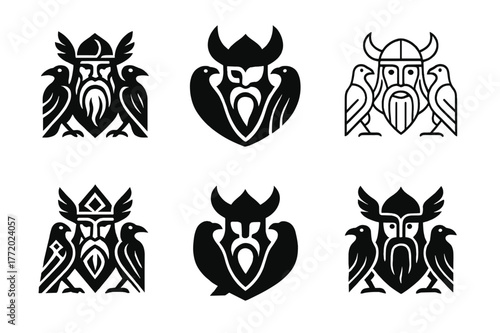 Mythical Logos Grid. Ancient gods and goddesses in a mystical landscape. Set Logo of Ancient gods and goddesses in a mystical landscape: Odin twin ravens. Icon
