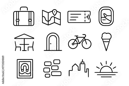 Travel Icon Set. Travel Snippets. Line icon set of Travel Snippets: suitcase, map, ticket, window seat wing, street cafe, doorway, bicycle, gelato cone,