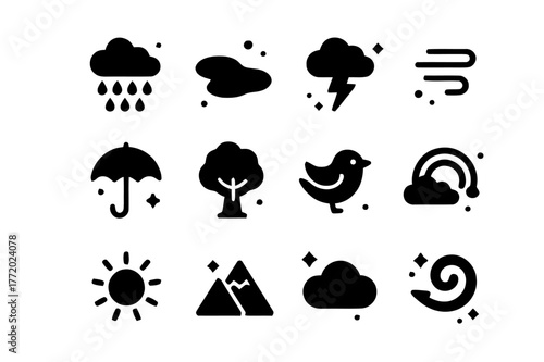 Rainy Weather Icons. Rainy Aftermath. Solid icons set of Rainy Aftermath: rain, puddle, cloud, lightning, wind, umbrella, tree, bird, rainbow, sun, mountain,