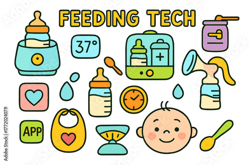 Baby Feeding Tools. Feeding tech. Colorful Hand-drawn doodle Children illustration Feeding tech bottle warmer, milk temperature display, formula dispenser,