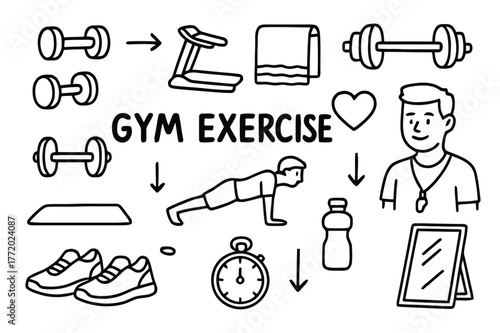 Gym Equipment Doodles. Gym exercise. Hand-drawn doodle illustration gym exercise dumbbells, treadmill, mat, towel, barbell, push-up icon, weights, shoes,
