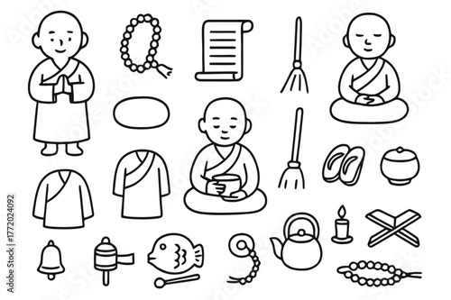 Monastic Essentials Illustrated. Monks and daily life. Hand-drawn doodle illustration Monks and daily life monk robe, prayer beads, sutra scroll, meditation