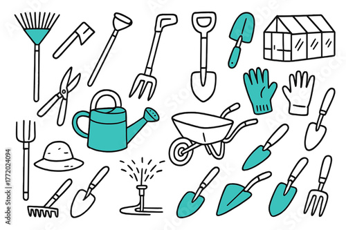 Colorful Gardening Tools. Gardening tools. Hand-drawn doodle illustration Gardening tools, rakes, hoes, shovels, trowels, watering cans, gloves, pruning