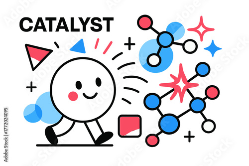 Dynamic Catalyst Interaction. Catalyst. Catalyst particle interacting with molecules with floating abstract geometric shapes and glowing highlights, dynamic
