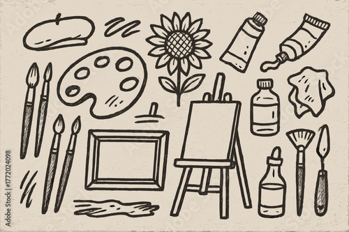 Art Tools Doodle. Oil painting. Hand-drawn doodle illustration oil painting palette, brush set, easel, tube of paint, canvas, solvent bottle, rag, painter?s