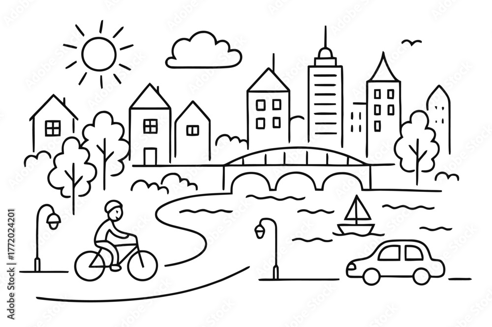 Fototapeta premium Urban Doodle Skyline. Urban landscape. Hand-drawn doodle illustration skyline, bridge, river, cyclist, trees, sun, car, road, lamp post, cloud, bird, house,