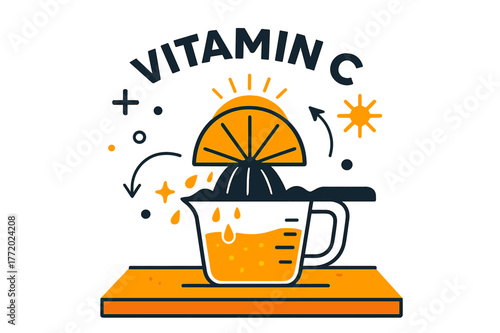 Morning Citrus Delight. Sunrise orange press. A half orange meets the juicer like a sunrise over hills; droplets sparkle into a measuring cup. ?Vitamin C?