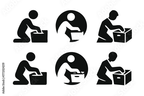 Drawer Organization Icons. Cleaning Out a Drawer. Set Logo of Person Organizing: Filled silhouette, Abstract geometric, Negative space, Flat solid, Stylized