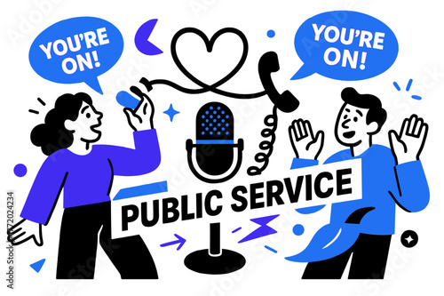 Vibrant Call-In Show. Audience call-ins & PSA. A phone cord curls into a heart around the mic; caller bubbles pop with ?You?re on!? badges. A clear ?Public