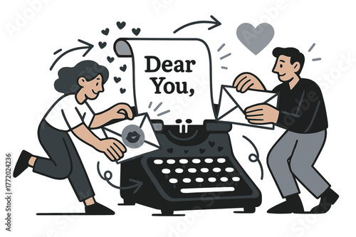 Typewriter Love Letters. Typewriter love letters. Keys jump like tiny hearts as a page curls out; ?Dear You,? glows on the first line. He seals an envelope