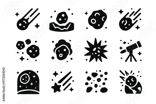 Meteorite Icon Set. Meteorites. Solid icons set of Meteorites: falling meteor, crater, space rock, glowing trail, asteroid belt, dust cloud, explosion burst,