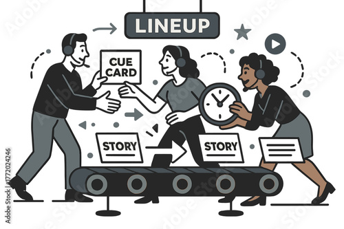Dynamic Newsroom Collaboration. Newsroom teamwork. Producers trade cue cards and clock icons as stories flow along a conveyor; ?Lineup? lights up above.