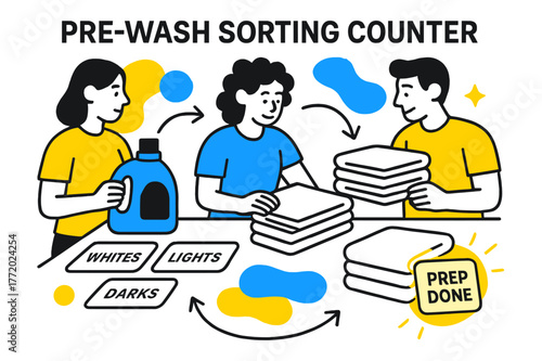 Laundry Prep Station. Pre-Wash Sorting Counter. A clean countertop layout with detergent, labels, and folded stacks; ?Prep Done? tag glows softly near a folded