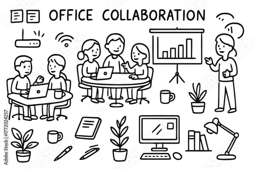 Office Collaboration Sketch. Office Collaboration. Hand-drawn doodle illustration Office Collaboration people discussing, laptops, desks, chairs, coffee cups,