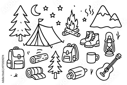 Camping Adventure Icons. Camping and rest. Hand-drawn doodle illustration camping and rest tent, campfire, trees, moon, stars, backpack, boots, lantern, mug,