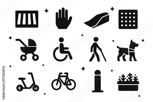 Pedestrian Icon Set. Pedestrian crosswalk and sidewalks. Solid icons set of Pedestrian crosswalk and sidewalks: zebra crosswalk, walk signal hand, curb ramp,