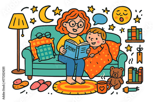 Cozy Storytime Scene. Storytime on the sofa. Colorful Hand-drawn doodle Children illustration Storytime on the sofa open book, blanket, pillows, lamp, glasses,