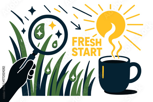 Dewy Morning Vibes. Morning dew. Sunlight flicks on like a switch as droplets sparkle on blades of grass; ?Fresh start? glows above a steaming cup. A