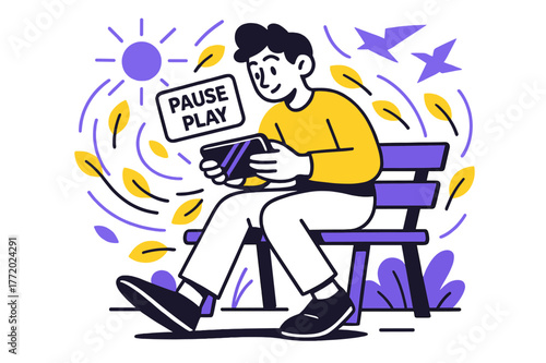 Mobile Gaming Escape. Playing a mobile game on the go ? Park bench break. Sunbeams and leaves arc around as the player tilts the screen; birds become abstract