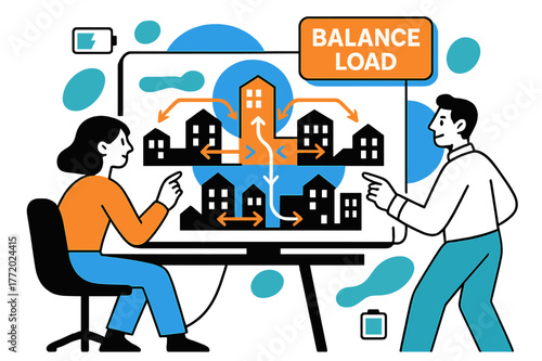 Smart Grid Animation. Smart Grid Control. Operators watch simplified city blocks glow as power flows animate in arrows; ?Balance Load? pulses on a floating