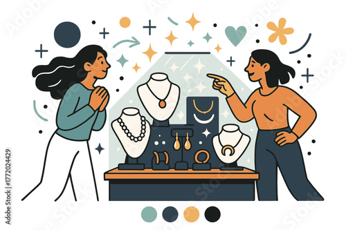 Elegant Jewelry Display. Jewelry shop display. Elegant glass case glowing with necklaces, earrings, and bracelets arranged like treasures. Soft reflections and